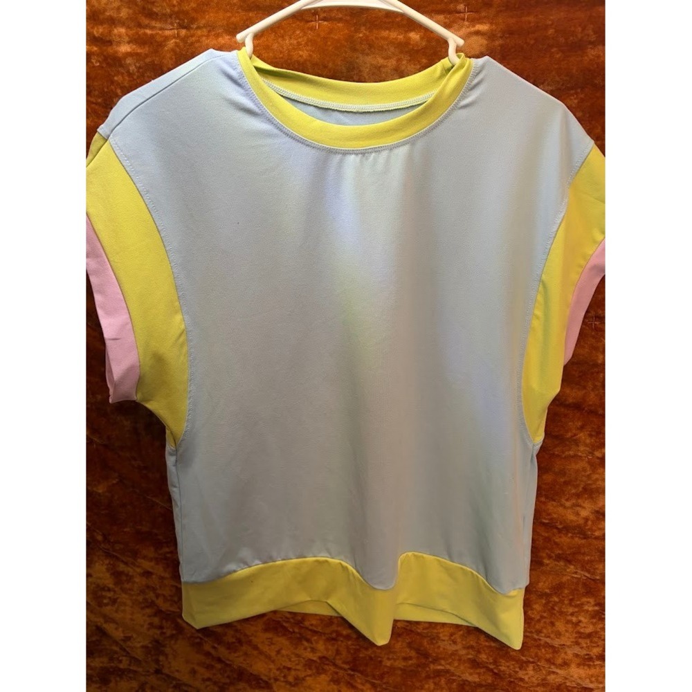 Pastel Colorblock Crewneck T-Shirt Blue Yellow Pink Short Sleeve Top Small
